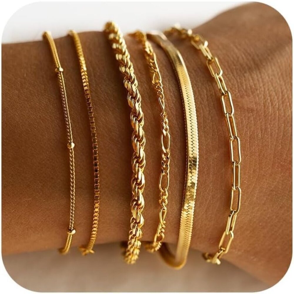 🆕Women Gold 14k Gold Plated Dainty Cross Beaded Herringbone Box Chain Bracelet